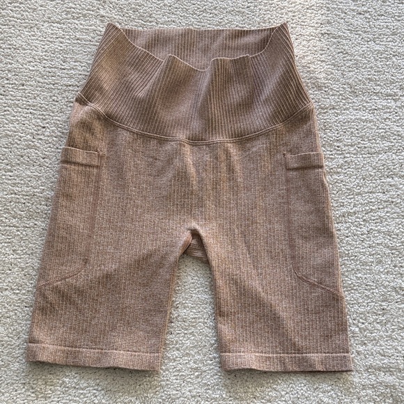 Mono B Pants - Mono B Ribbed Sports Bikers Shorts in Tan size Small